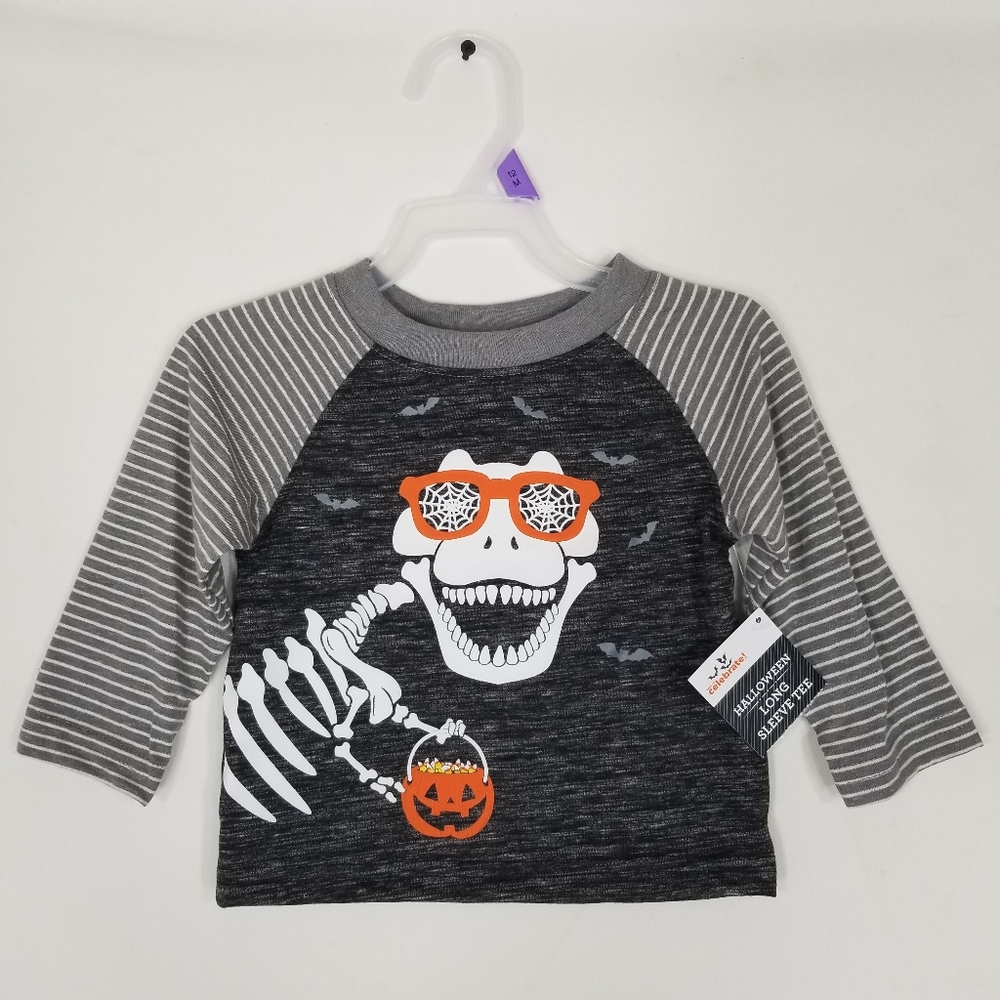 New! Way to Celebrate Baby Halloween Skeleton Dinosaur Pumpkin Gray Shirt 12M